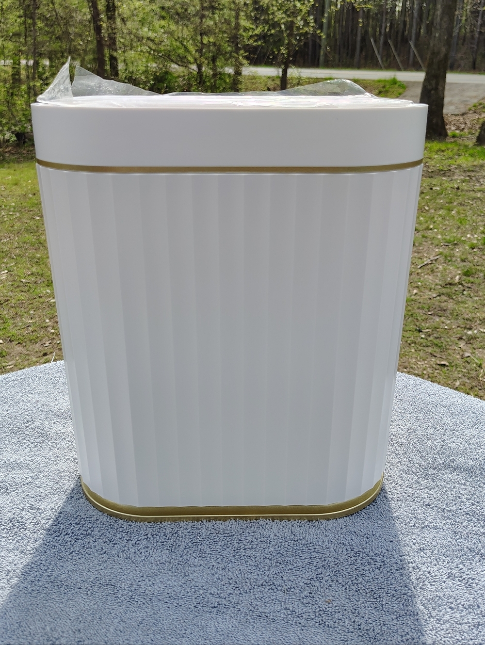 White Trashcan With Golden Accent - Waterproof Motion Sensor, Automatic 2 Gallon